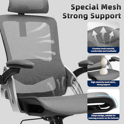 Fizzin Office Chair Mesh Desk Chair with 3D Armrests Computer Chair | Ergonomic Office Chair with Adjustable Lumbar Support and Headrest 125° Tilt and Wide Mesh Cushion High Back Home Desk Chair - color: Black-gray
