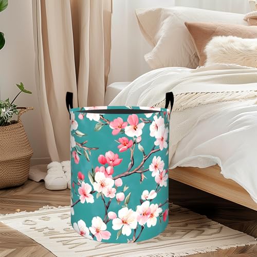 Cherry Blossom Laundry Basket, Oxford Cloth Romantic Elegant Dirty Clothes Collapsible Hamper for Room Decor, Floral Botanical Print Gifts Toy Organizer 19.7*15.7 Inch for Bedroom Bathroom Dorm - style: Cherry Blossom