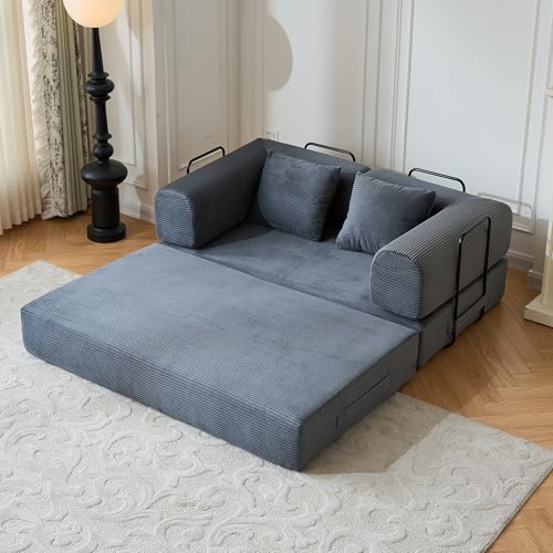Convertible Sleeper Sofa Bed with Cylindrical Pillows, Corduroy Folding Mattress Couch, Fixed-Shape Metal Frame,Floor Lounge Loveseat for Living Room,Bedroom,Apartment,Guest Space (Grey,Loveseat) - color: Grey, size: 59.06"L x 35.43"W x 26.77"H