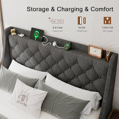 Einhomn Full Size Bed Frame with 4 Storage Drawers, Upholstered Bed Frame with Large Wingback Headboard, Charging Station, No Box Spring Needed, Dark Grey - color: Dark Gray, size: Full