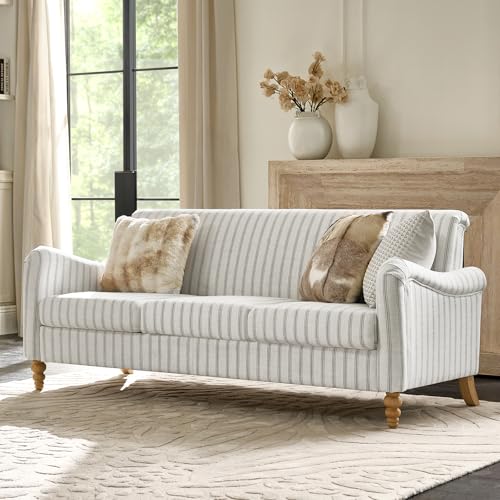 HULALA HOME Farmhouse Curved Couch with Stripe Pattern, 3 Seater Sofa, Grey | with Solid Wood Spindle Legs and Rolled Wide Armrests, Comfy Upholstered Sofa for Living Room Bedroom - color: Grey, size: 3-Seater Sofa