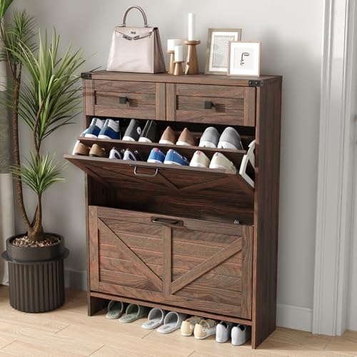 Halitaa Shoe Cabinet with 2 Flip Drawers & 2 Drawers,Farmhouse Shoe Storage Cabinet for Entryway,Slim Freestanding Narrow Organizer Rack for Front Door Entrance,Dark Walnut - color: Dark Walnut, style: 2-Drawers