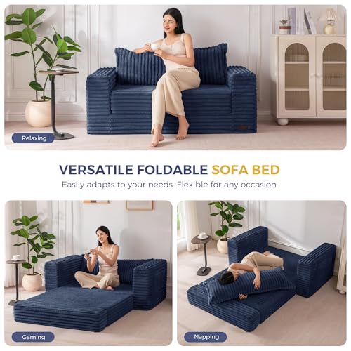 MAXYOYO Convertible Sofa Bed, Pull-Out Loveseat Couch Bed for Small Space | 2 in 1 Folding Couch Bed with Large Back Pillow, Plush Faux Fabric Lounge Couch for Living Room, Apartment, Navy - color: Navy