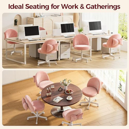 GTPLAYER Velvet Tall Office Chair with Wheels Vanity Chairs with Back, Versatile Height Use: Office to Bar Stools Small Ergonomic Comfy Armlees Computer Desk Chair with Bow Lumbar Pillow for Gift - color: Ve-pink