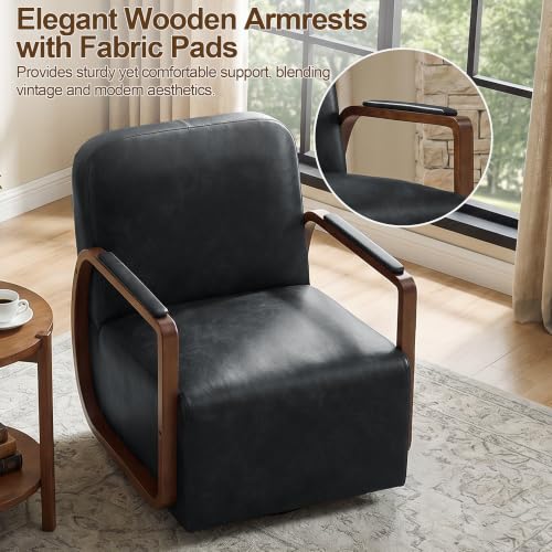 Faux Leather 360° Swivel Barrel Accent Chair, Upholstered Mid Century Modern Reading Lounge Chair with Wooden Armrests & Solid Rotating Metal Base for Living Room Bedroom, Black - color: Black, size: 1 Pack