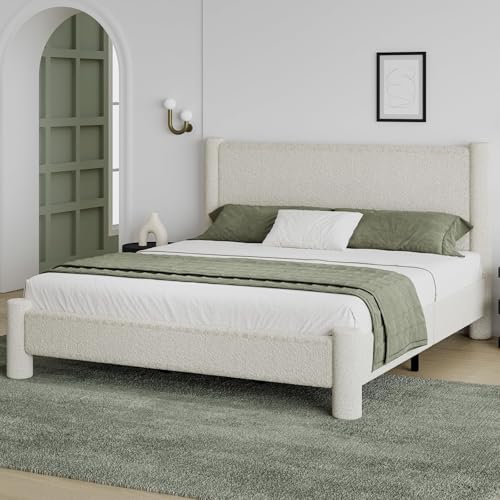 REVOMINCA California King Boucle Bed Frame with Headboard, Cream | Upholstered platform frame has soft rounded corners, needs no box spring, and offers easy assembly. - color: Cream, size: California King