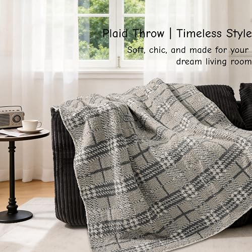 Fuzzy Knit Checkered Throw Blanket 50"x60" Fleece Blanket Grey | Breathable Use for All Seasons, 550GSM Soft Cozy Skin Friendly Touch for Couch Bed Office Chair Wrapping, Machine Washable