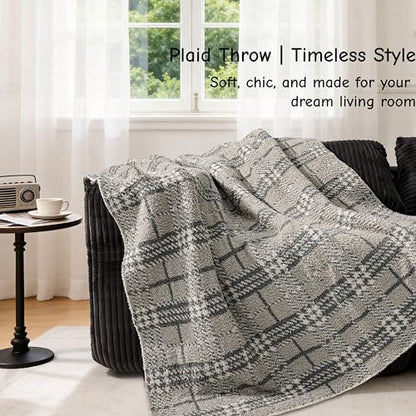 Fuzzy Knit Checkered Throw Blanket 50"x60" Fleece Blanket Grey | Breathable Use for All Seasons, 550GSM Soft Cozy Skin Friendly Touch for Couch Bed Office Chair Wrapping, Machine Washable