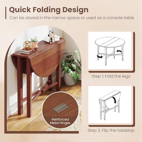 GOFLAME 36” Folding Dining Table for 2-4, Round Drop Leaf Kitchen Table with Solid Wood Legs, Space Saving Extendable Table for Dining Room, Living Room, Small Space, Walnut - color: Walnut