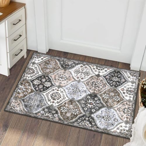 ROYHOME Small Rug Vintage Moroccan Washable Area Rug Doormat 2' x 3' | Stain Resistant Non-Slip Entryway Rug Distressed Medallion Floor Carpet for Indoor Front Entrance Kitchen Bathroom Grey/Taupe - color: Grey/Taupe, size: 2' x 3'