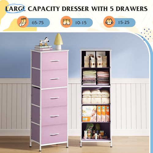 WLIVE Tall Dresser for Bedroom, 5 Drawer Dresser, Pink | 5 vertical fabric drawers, Tall vertical design, Bedroom or closet use, Dresser for small spaces, Chest of drawers - color: Cloudy Pink