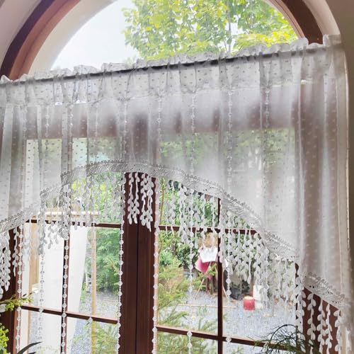 White Arched Sheer Valance Boho Pompom Short Curtain Tier Crystal Beads 1PC | For Doorways Tassels Swag Curtain Room Divider Dining Room Glass Door Rod Pocket (W39 X L35 INCH,White) - size: 39"W x 35"L (Pack of 1)
