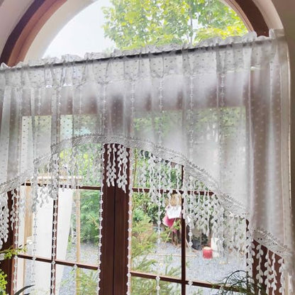 White Arched Sheer Valance Boho Pompom Short Curtain Tier Crystal Beads 1PC | For Doorways Tassels Swag Curtain Room Divider Dining Room Glass Door Rod Pocket (W39 X L35 INCH,White) - size: 39"W x 35"L (Pack of 1)