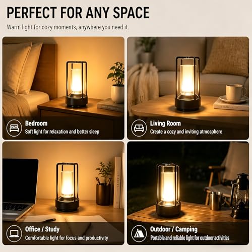 Rechargeable Crystal Table Lamp, 3-Color Touch LED, Black | Black metal crystal lantern, 3-color touch dimming, USB-C rechargeable, compact 7.1 in accent light for patio table - style: black-1