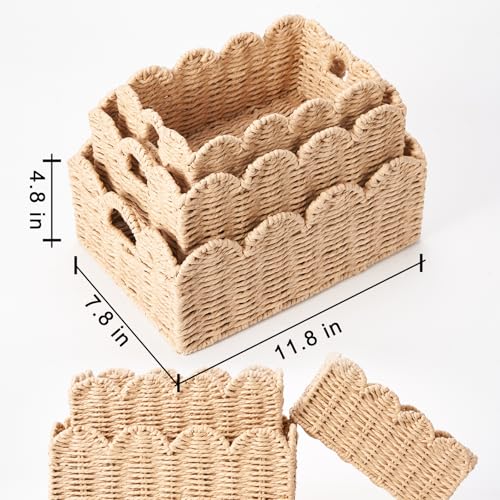 Scalloped Wicker Baskets Set of 3, Hand-Woven Storage with Handles | set of 3 beige scalloped baskets with handles. Hand-woven paper rope for shelves, bathroom or closet. Stackable, sturdy. - color: Beige