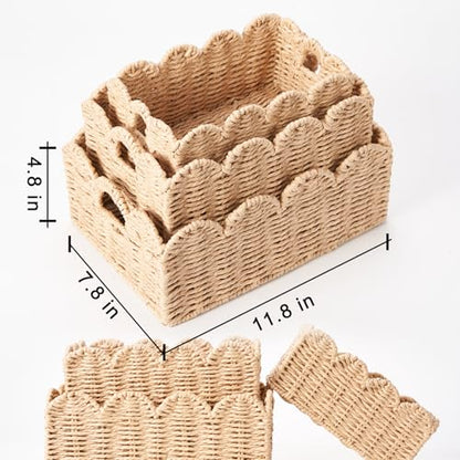 Scalloped Wicker Baskets Set of 3, Hand-Woven Storage with Handles | set of 3 beige scalloped baskets with handles. Hand-woven paper rope for shelves, bathroom or closet. Stackable, sturdy. - color: Beige
