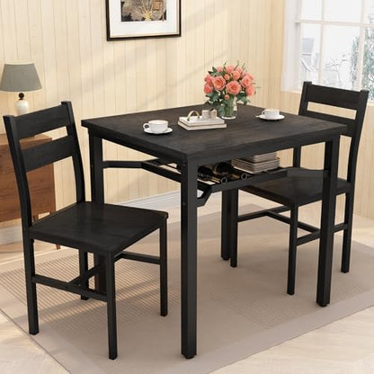 Hooseng 3 Piece Dining Table Set for 2, Small Wooden Kitchen Table with Storage, Farmhouse Square Dinette Set for Dining Room, Breakfast Nook, Apartment, Small Space - color: Black