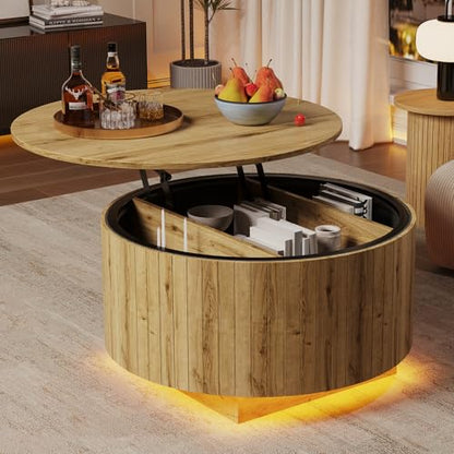 kepptory Round Lift Top Coffee Table with LED Lights, Mid Century Modern Wooden Coffee Tables with 3 Storage Space, Circle Center Table for Living Rooms,Dining Room,Bedroom Home Office,APP LED Lights - color: Natual