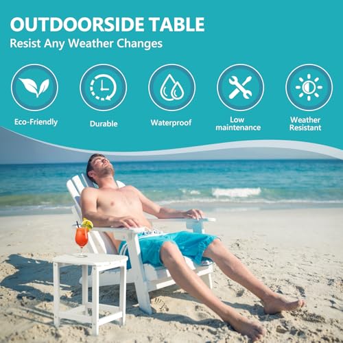 Hdpe Outdoor Adirondack Side Table, Wooden Textured, White | Bathroom and Indoor, Maintenance & Weather Resistant, End TableSet for Patio, Garden, Backyard, 18.6×14.17×18.18 in - color: White