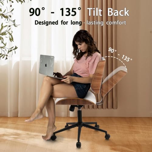 CLATINA Armless Home Office Chair, Desk Chair with Wheels, Adjustable Height Reading Chairs, Leather Mid Back & Swivel Computer Chairs, Modern Walnut with Back for Study Meeting Room(White) 4Pack - color: White Diamond-a, size: 4 Pack