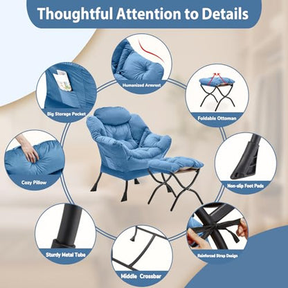 Youtanic Lazy Chair with Folding Ottoman, Accent Chair Velvet Upholstered with Metal Structure and Non-Slip Pads, Sofa Armchair with Footrest and Side Storage Bag for Dorm, Room, Office, Light Blue - color: Light Blue