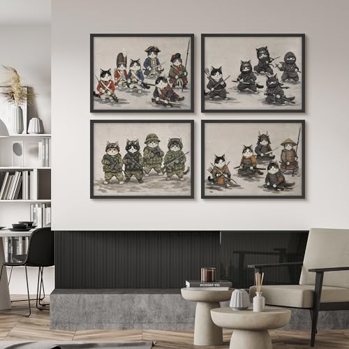 SIGNWIN Framed Poster Set Vintage Warrior Cats Historical, Ninja, Military & Samurai Cat Character Illustrations Modern Art Decorative Minimalist Multicolor for Bedroom - 11"x14"x4 BLACK - color: A03-2603-EDW11, size: 11"L x 14"W, style: Black Frame