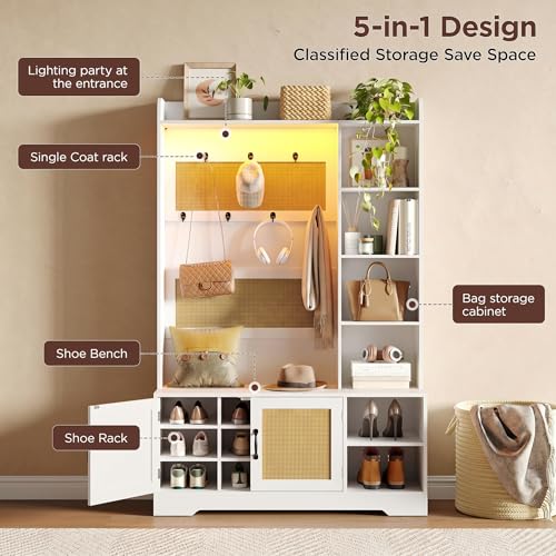 Maupvit 67" H Boho Rattan Hall Tree with LED Light, 4-in-1 Entryway Shoe Cabinet with Coat Rack, Cushioned Bench & Hidden Storage, Freestanding Mudroom Bench with Hooks & Shelves for Hallway, Foyer