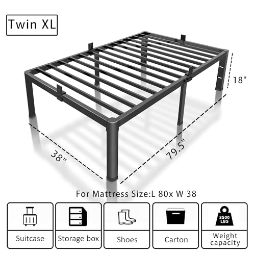ROIL 18 Inch Metal Twin XL Bed Frame with Rounded Corner & Mattress Baffle | Easy Assembly, Noise Free, 3500LBS Load Capacity, No Box Spring Needed, 16.4" Storage Space, Headboard Hole, Heavy Duty Steel - size: Twin XL, style: 18 Inch