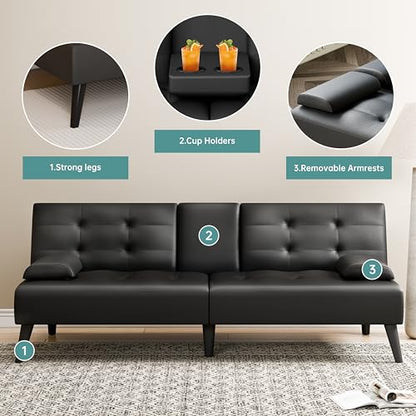 64" Futon Sofa Bed, Small Loveseat with 2 Cup Holders, Small Couch with 3 Adjustable Angles & Removable Armrest, Small Sofa for Small Space (PU Leather, Black)