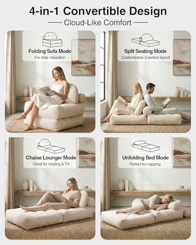 Folding Sofa Bed with Pillow Convertible Sleeper Chair Boneless Foldable Couch Comfy Floor Sofa Lounge Couch Bed for Living Room, Bedroom, Apartment, Beige - color: Beige
