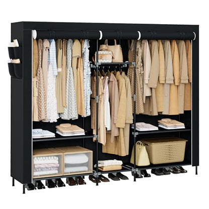 CASAMAYA Portable Closet, 77.6 Inch Extra Large Capacity Wardrobe Closet with Cover, Clothes Storage Organizer with Shelves and 3 Hanging Rods, Easy to Assembly, Black PCT223B01 - size: 77.6"L x 17.7"W x 70.9"H