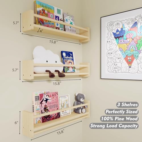 MXCSE Nursery Floating Bookshelf for Kids, Wall Mounted Kids Book Shelf with Toy Storage, Pine Wood Nursery Shelves for Playroom, Bedroom, Toddler Room, Set of 3 - color: Wooden, size: 16 In