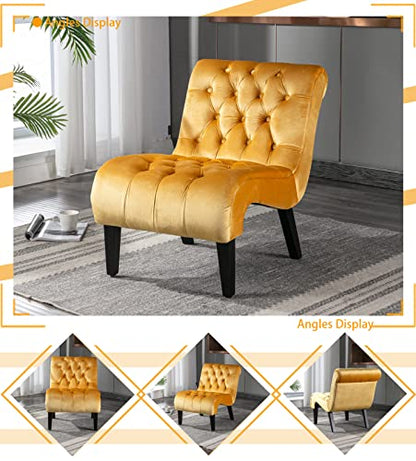 Comfy Velvet Accent Chair, Tufted Armless Side Chair with Rolled Edge | Modern Small Lounger for Living Room, Upholstered Reading Chaise Lounge with Solid Rubber Wood Legs, Yellow - color: Yellow, size: Set of 1