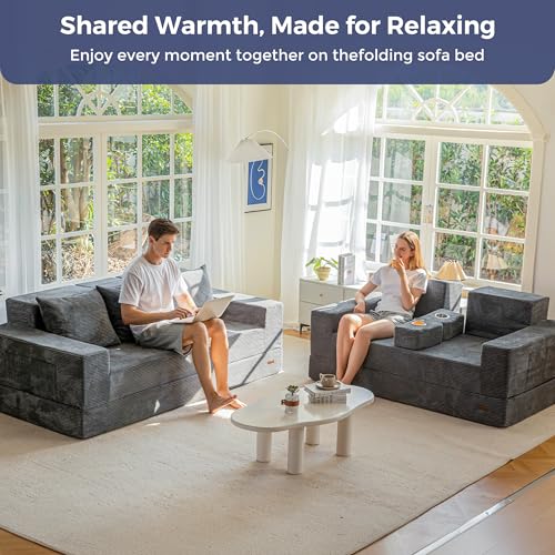 MAXYOYO Sofa Bed, 64-Inch Boneless Loveseat with 2 Cup Holders | Corded Grey 4-in-1 Sofa Converts Into a Floor Couch or Recliner Chair; Sofa-in-a-Box Needs No Assembly for Living Rooms - color: Corded Grey, size: Standard(64" Length)