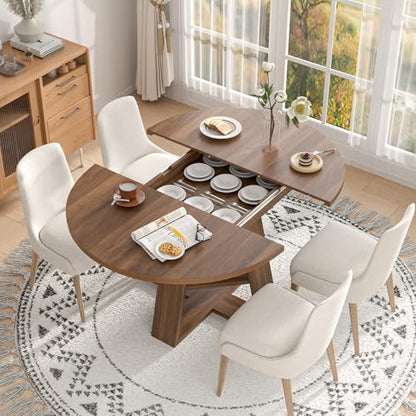 43.3"-59" Extendable Round Oval Dining Table for 4-8 with Storage Shelf | Modern Kitchen Oval Dining Table with Removable Leaves,Space Saving Extendable Table Wood Base for Kitchen Living Room Walnut - color: Walnut