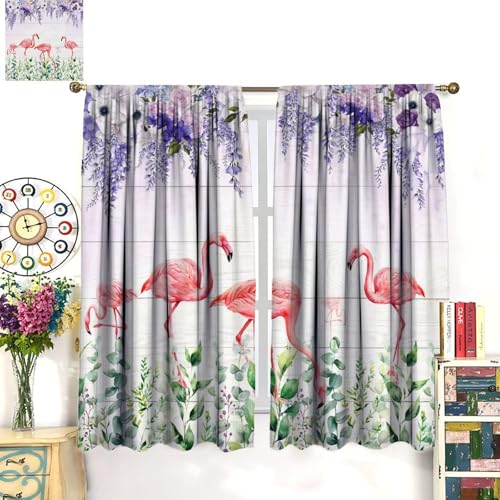 Summer Flamingo Curtain, Purple Violet Wisteria Rose Green Eucalyptus Leaf Window Drapes for Living Room Bedroom Home 42" W X 45" L(No Blackout) - color: Flamingo-7, size: 20.5"W x 45"L (Pack of 2)