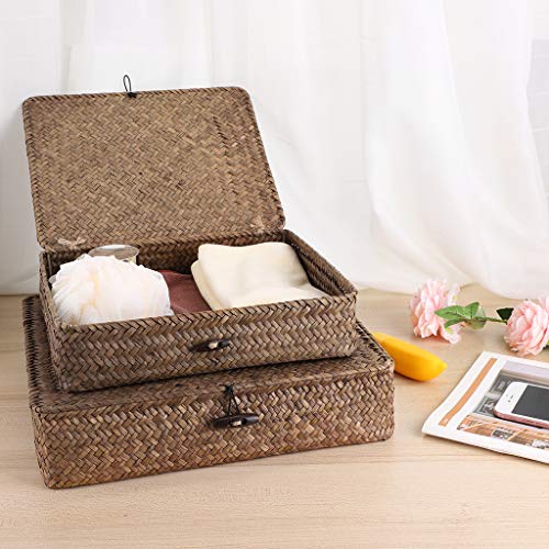 Hipiwe Set of 2 Flat Woven Wicker Storage Bins with Lid Seagrass Basket | Natural Decorative Baskets Multipurpose Home Boxes for Shelf Organizer Home Decor (Coffee) - color: Coffee