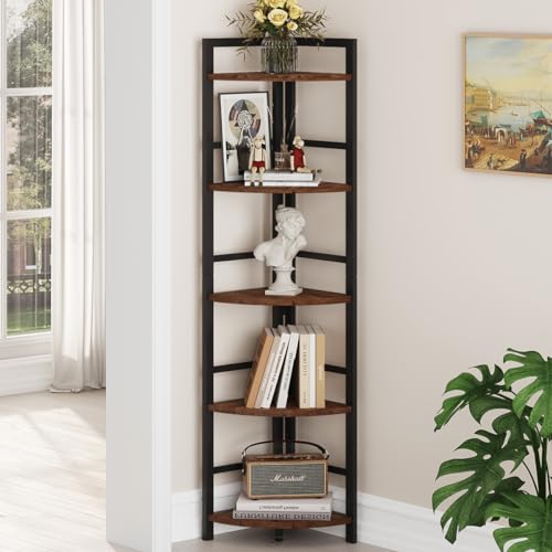 5 Tier Corner Bookshelf, Industrial Corner Shelf Stand, Narrow Tall Wood Bookcase, Display Wooden Shelving Unit Shelf for Living Room, Kitchen, Home Office (Rustic Oak) - color: Rustic Oak, size: Corner Shelf Stand