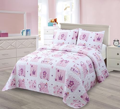 Kids Zone Collection Bedspread Set Kids/Teens with Crowns and Flowers Princess Theme Quilted Bedding Set Pink and Purple Full/Queen New # Crown - color: Crown, Princess, Castle, size: Full/Queen