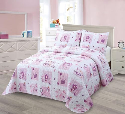 Kids Zone Collection Bedspread Set Kids/Teens with Crowns and Flowers Princess Theme Quilted Bedding Set Pink and Purple Full/Queen New # Crown - color: Crown, Princess, Castle, size: Full/Queen