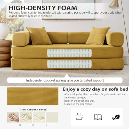 HANXIN Convertible Sleeper Sofa Bed, 78 Inch Folding Floor Mattress Couch with Fixed-Shape Frame, Futon Boneless Couch Lounge Loveseat with Pull Out Bed, No Assembly Required (Yellow) - color: Yellow, size: 78" Loveseat Sofa Bed