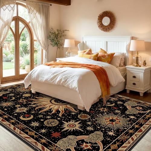 Vacuum-Friendly, 8x10 Washable Area Rug, Black Gold Beige Red | Sun and Moon Boho Gothic Non-Slip Low Pile Living Roon Bedroom Dining Room Kitchen Entry Entryway Entrance Hallway Doormat - color: Black/Gold/Beige/Red, size: 8' x 10' (Rectangular)