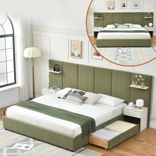 King Size Bed Frame with Storage & Built-in Nightstands & Drawers, Green | Velvet Upholstered Platform Bed Frame & 8 Floating Storage Shelves, Noise-Free, No Box Spring Needed, Easy Assembly - color: Green, size: King