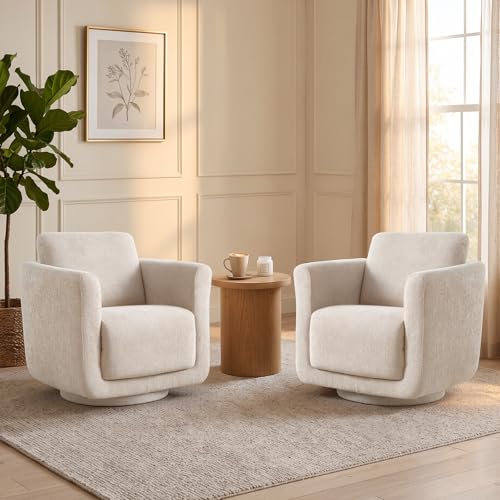 Swivel Accent Chairs Set of 2, Fully Assembled Chenille Armchairs, Linen | 360° Swivel chairs set of 2, 350 lbs capacity, solid wood frame, ergonomic reading chairs, modern accent chairs for bedroom - color: Linen, size: Set of 2