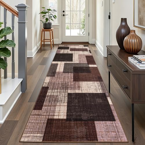 Washable 3x10 Modern Geometric Runner Rug for Hallway Kitchen Purple | Non Slip, Low-Pile, Soft Stain Resistant, Modern Geometric Patchwork Grid Print Long Runner with Rubber Backing - color: Purple, size: 3' x 10' (Runner)