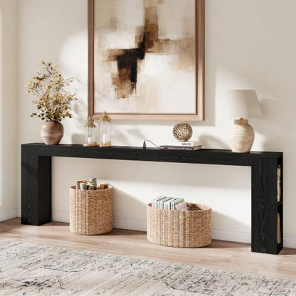 Narrow Console Table with USB Charging & Storage, 94.5" Black | Extra Long Slim, Behind Sofa Couch Table with Outlet, Black Wood Finish, for Entryway,Hallway, Easy Assembly - color: Black