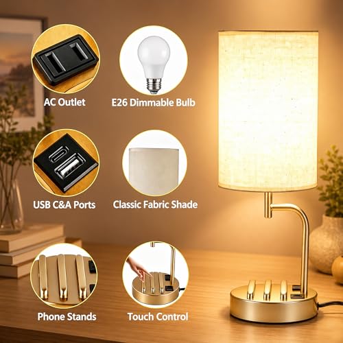 Dreamholder Touch Control USB Table Lamp with USB C/A & AC Outlet, 3-Way Dimmable Bedside Lamp, Modern Nightstand Lamps for Bedroom Living Room Guest Room Office, Bulb Included, Gold - color: Gold