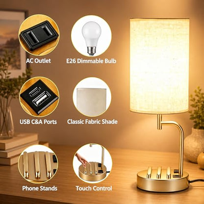 Dreamholder Touch Control USB Table Lamp with USB C/A & AC Outlet, 3-Way Dimmable Bedside Lamp, Modern Nightstand Lamps for Bedroom Living Room Guest Room Office, Bulb Included, Gold - color: Gold