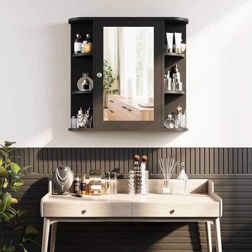 Shintenchi Bathroom Medicine Cabinet with Mirror, Wall Mounted, Black - color: Black