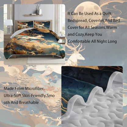 AILONEN Cloud Deer King Quilted Comforter Set, Moonlit Peak Printed Bedding with 2 Pillowcases, Microfiber Filling, Main Family Bedroom - color: Moon Night Elk, size: King